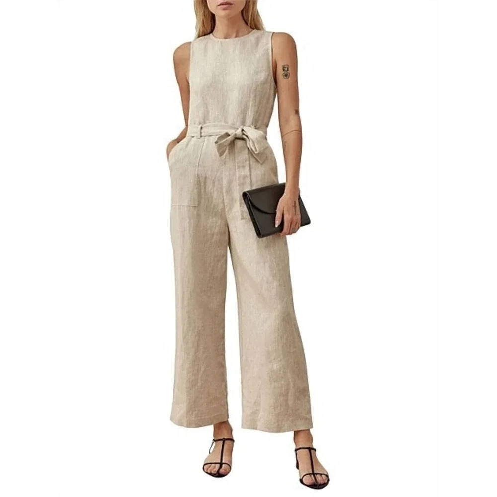 Reformation Naomi Wide Leg Linen Jumpsuit Oatmeal Beige Sleeveless Size 2